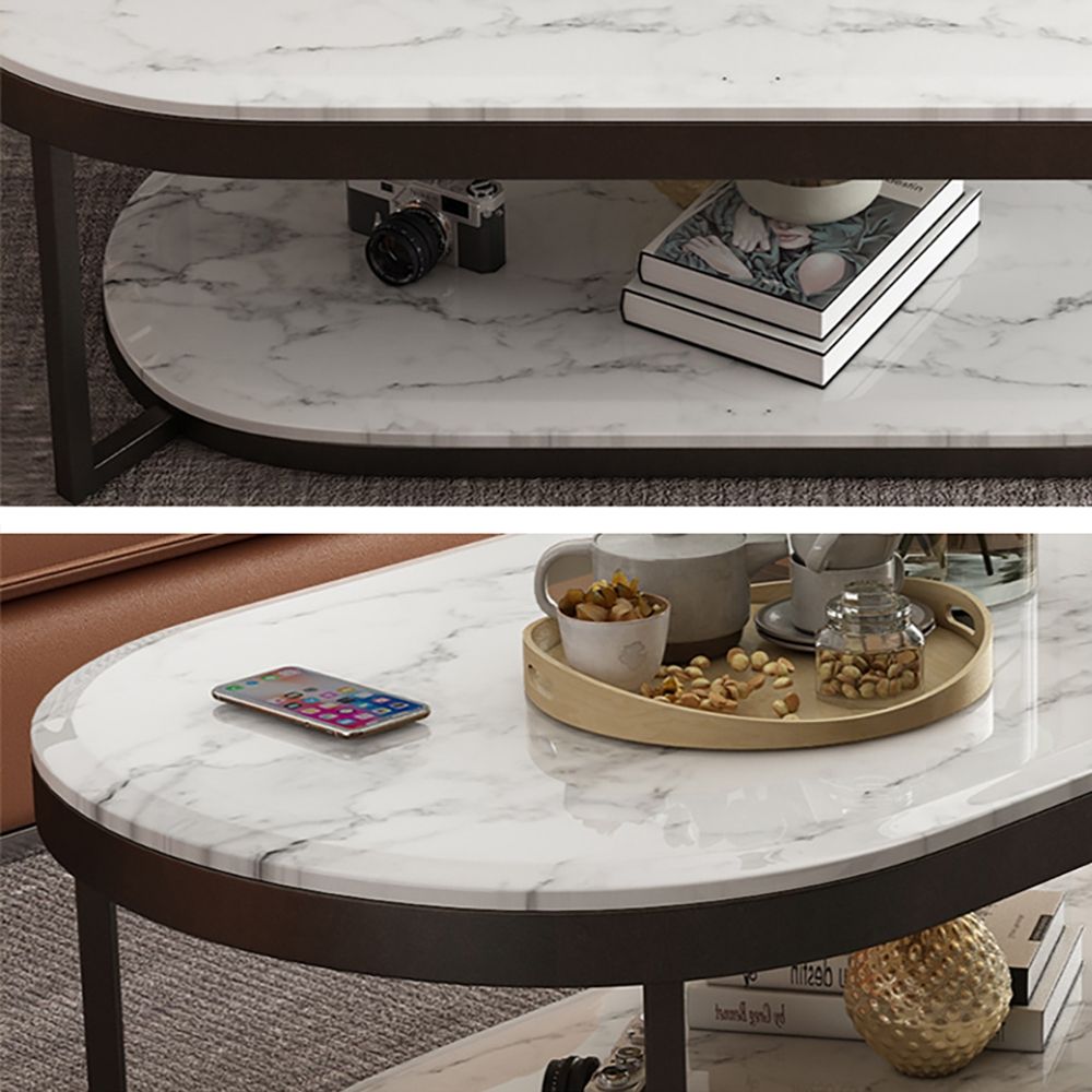 2Tiered Modern Marble Coffee Table with Shelf Metal Frame