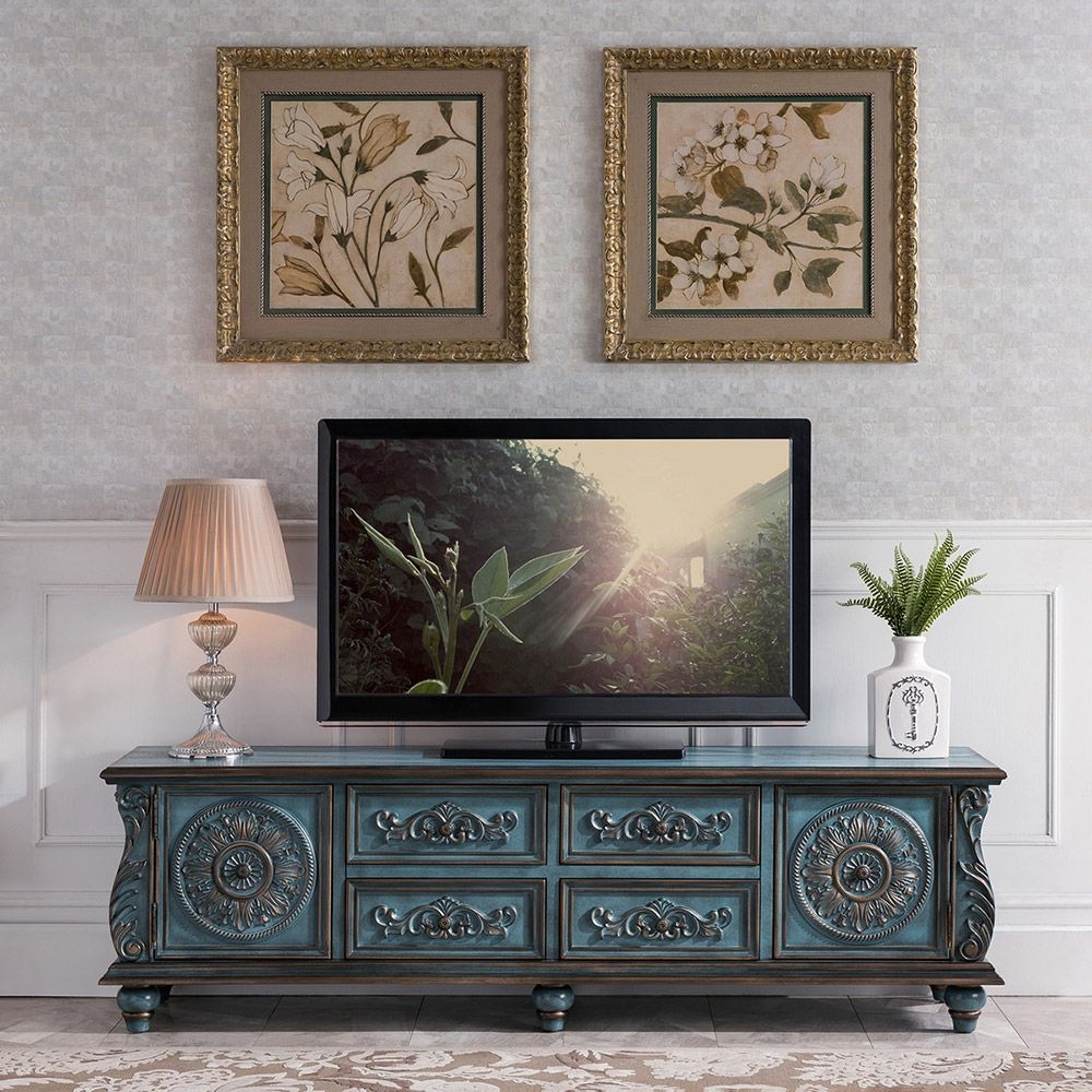 Vintage 70 Tv Stand Distressed Carved Tv Console With Drawers Antique Blue