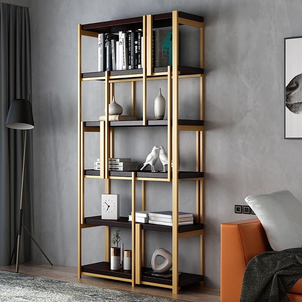 78.7" Black & Gold Modern Metal 5Tier Standard Bookcase Freestanding