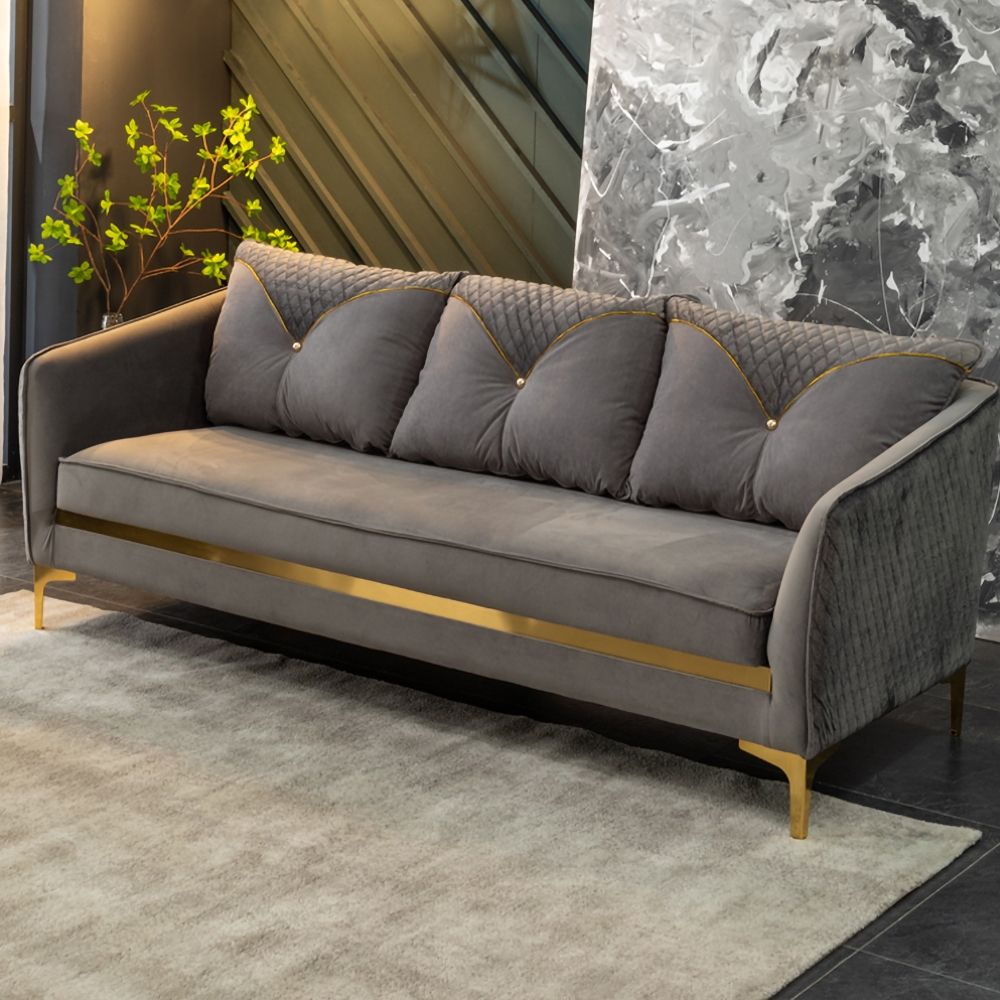 78.7" Gray Velvet Upholstered 3-Seater Sofa Rectangular with Pillows