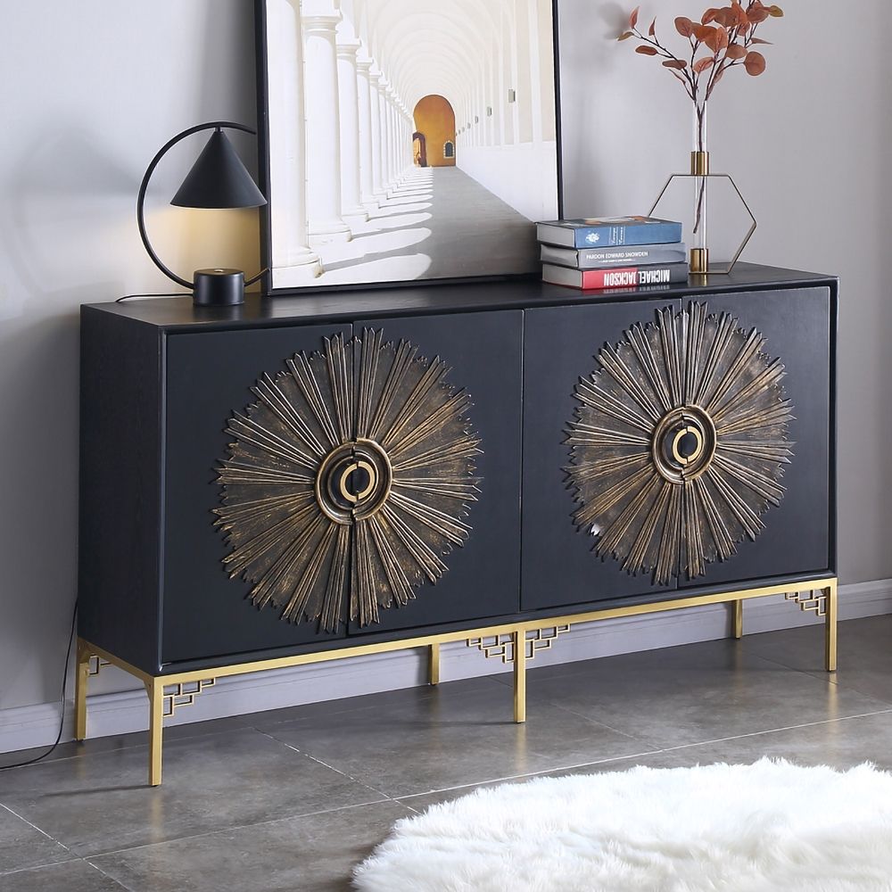 63" Modern Black Sideboard Buffet Embossed Surface with 4 Doors and 6