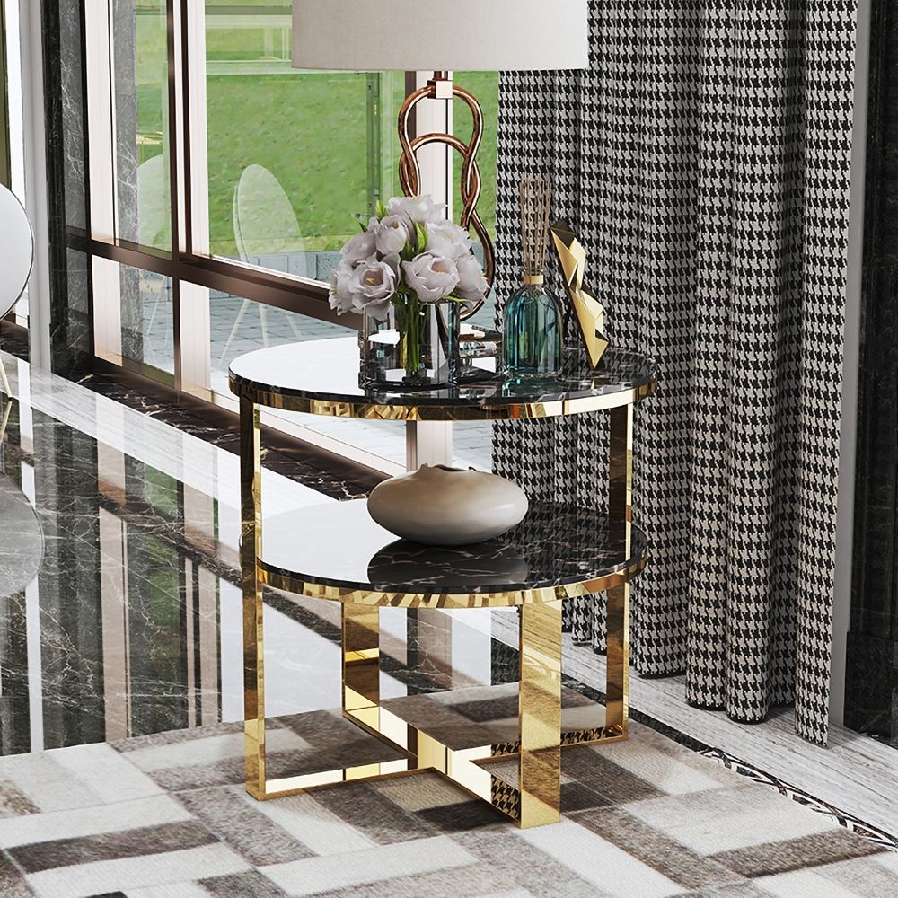 Round Black Marble Gold End Table with Storage Nightstand 2 Tier