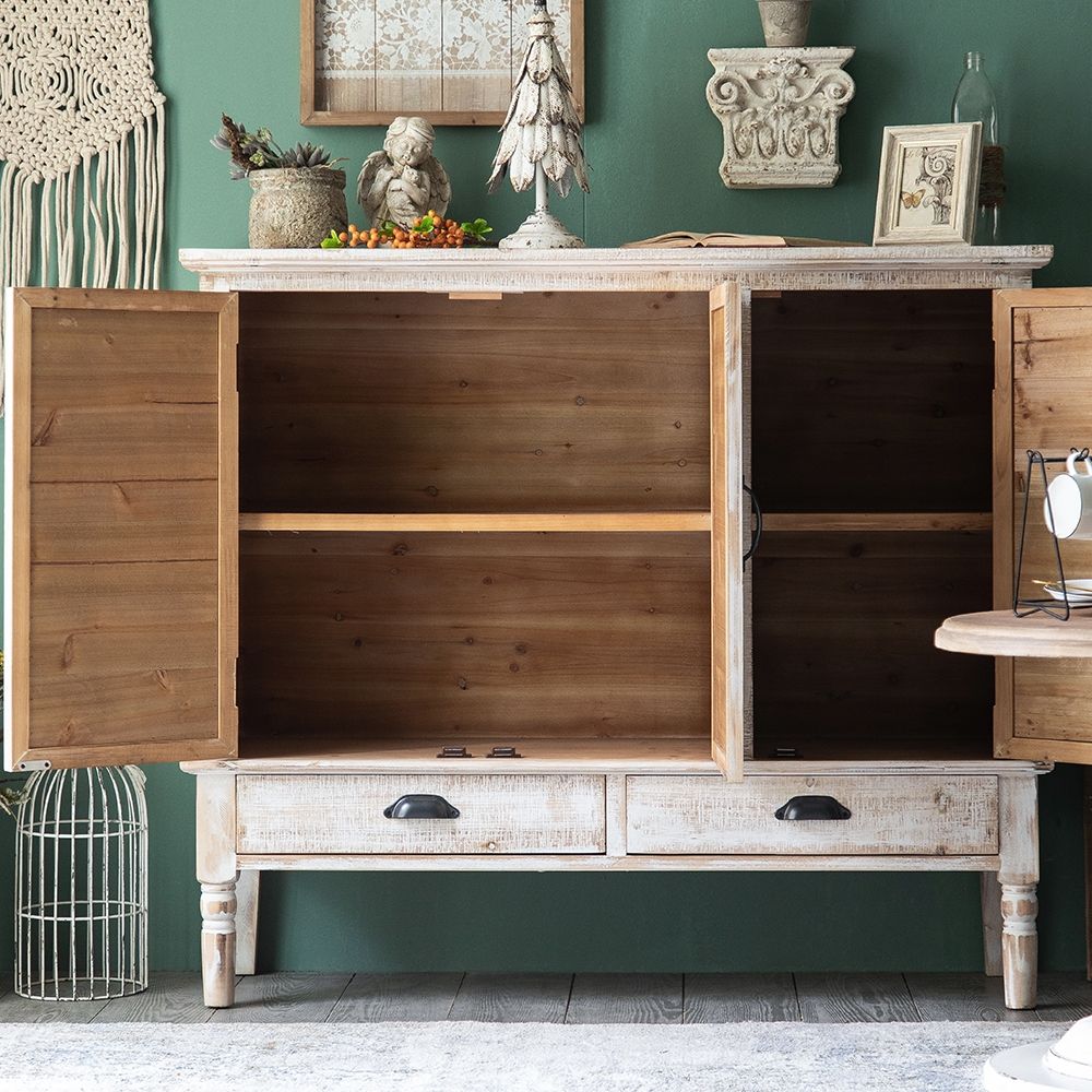 white distressed wood farmhouse cabinet