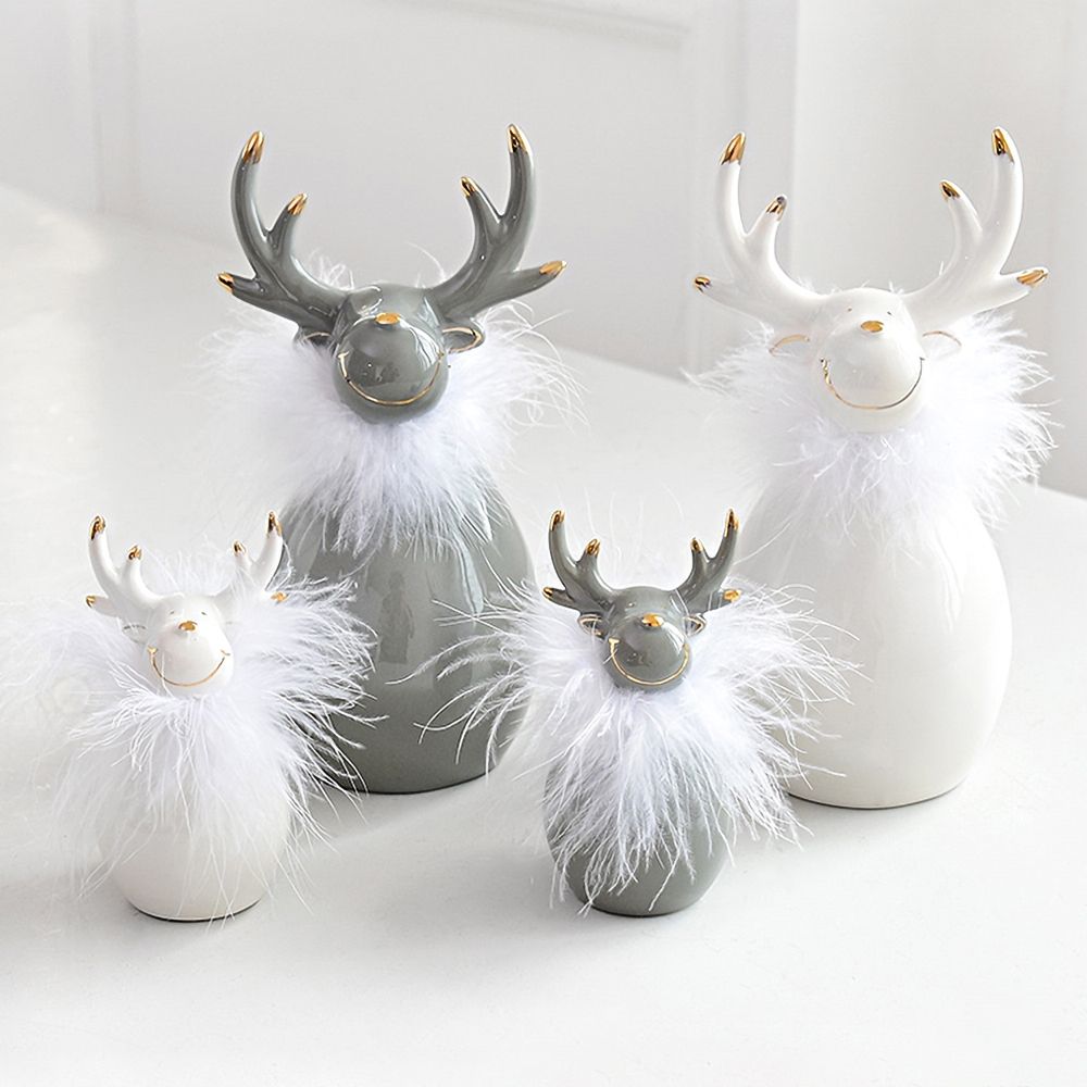 Cute White Christmas Deer Doll Ceramic Ornament Set of 2 Tabletop
