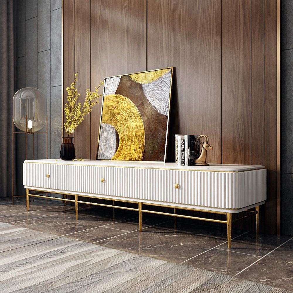White and Gold TV Stand For TVs Up To 75" 3 Drawers Faux Marble Top Mid
