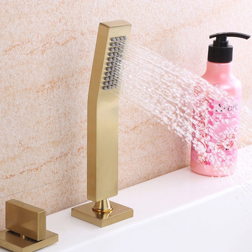 Milly Brushed Gold Waterfall Roman Tub Filler Faucet with Handheld Shower