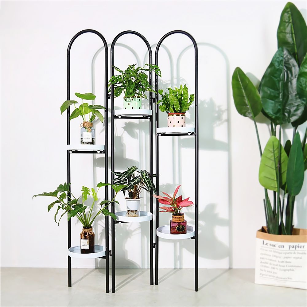Black Metal Fodable Shelving Plant Stand Freestanding with 6 Shelf