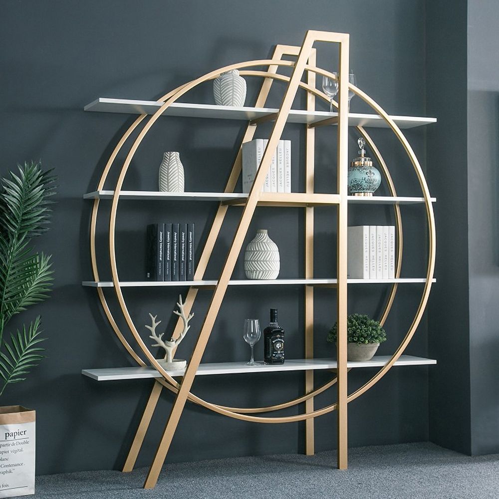 White and Gold Round Bookcase 4Tier Bookshelf Modern Display Shelf
