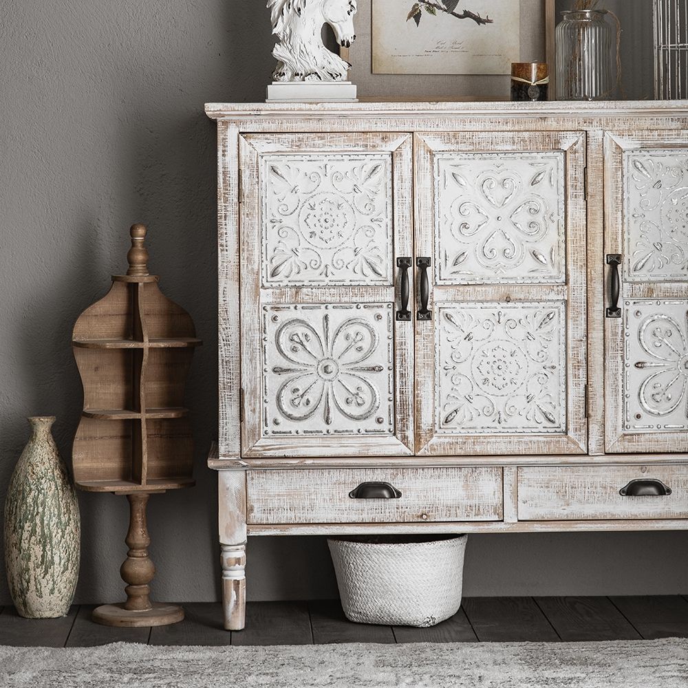 white distressed wood farmhouse cabinet