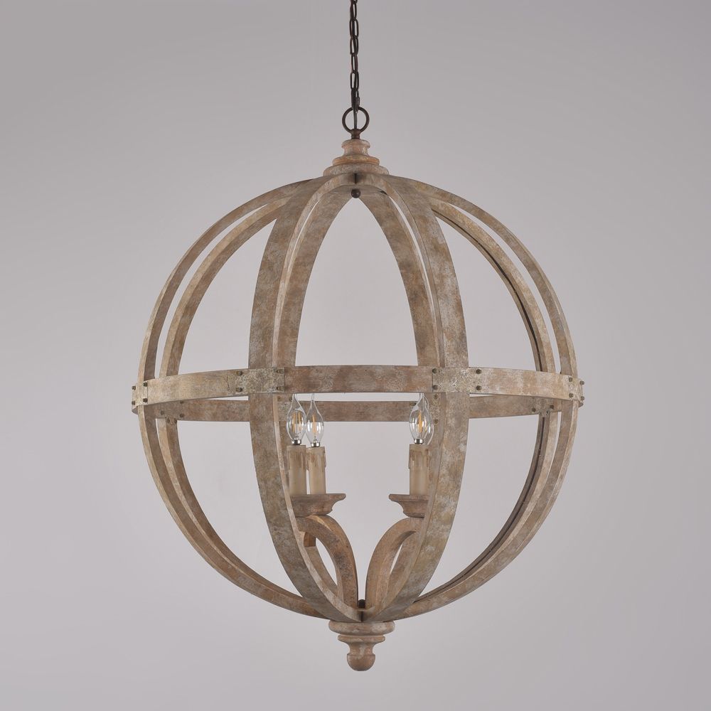 Rustic Style 4Light Wooden Globe Chandelier Vintage Candle Style