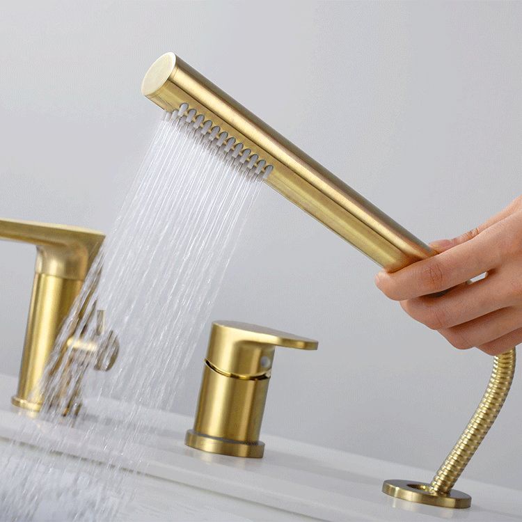 Brushed Gold Deck-Mount Roman Bathtub Filler Faucet with Handshower ...