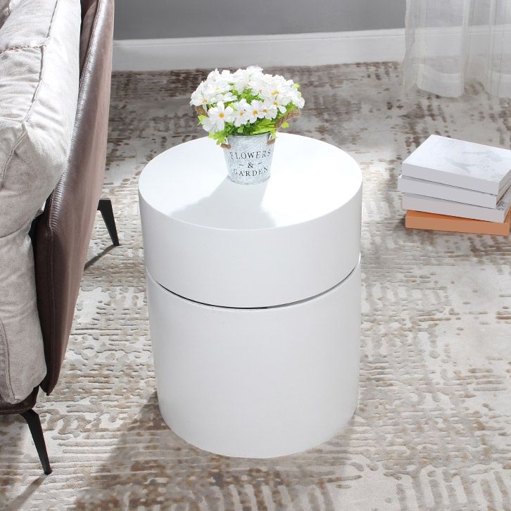 Modern Round White Lacquer Side Table with Storage Living Room Swivel
