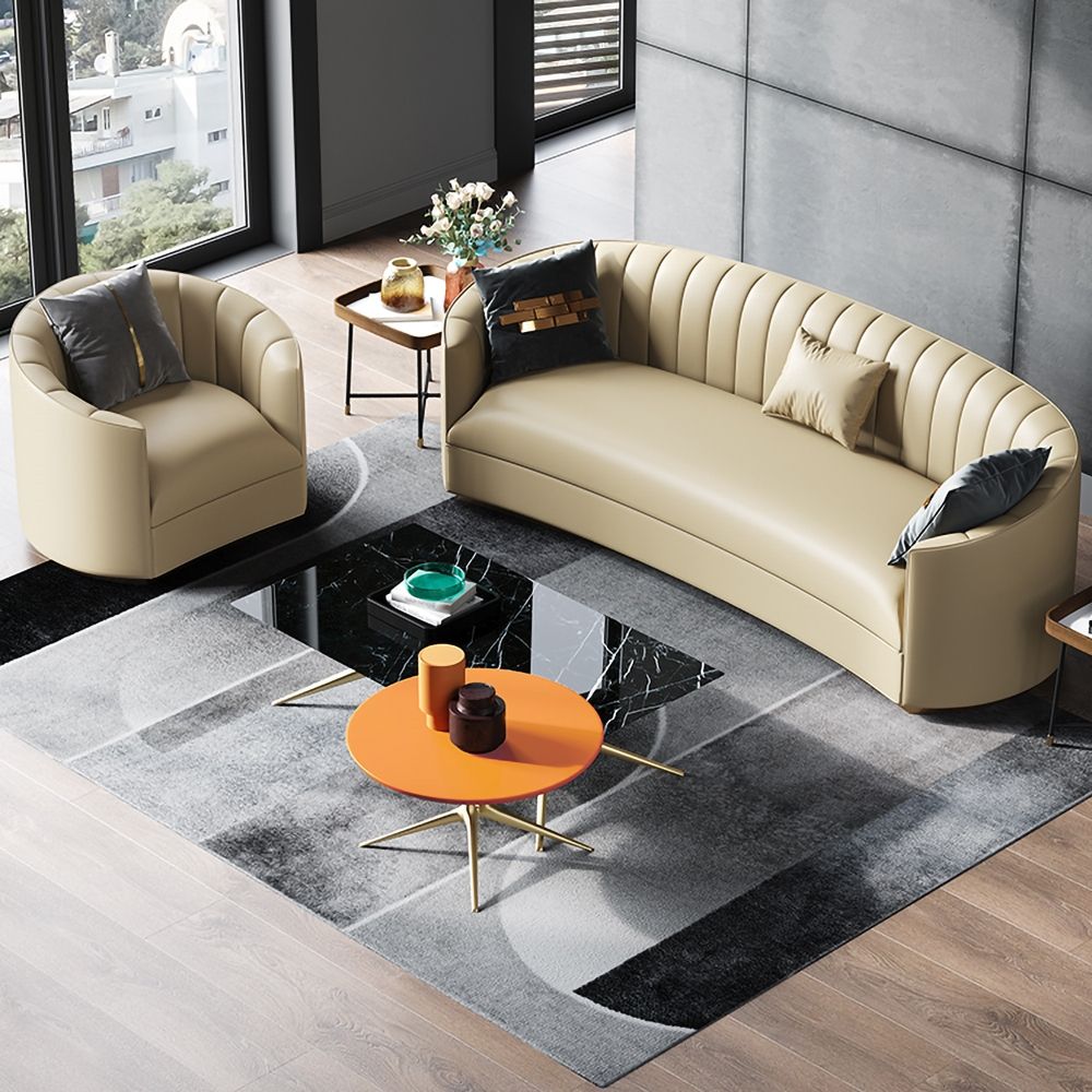 1800mm Beige Curved Microfiber Leather Sofa Upholstered Couch with Gold Leg