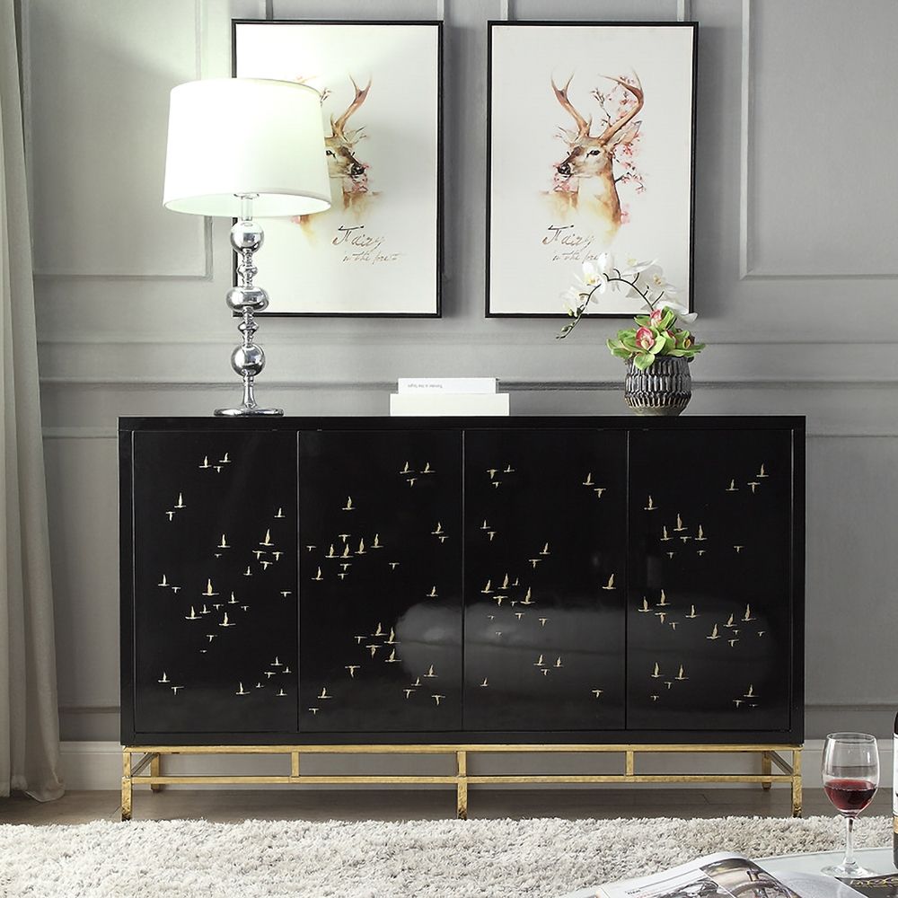 59" Modern Sideboard Black Buffet with 4 Doors 4 Shelves in Gold