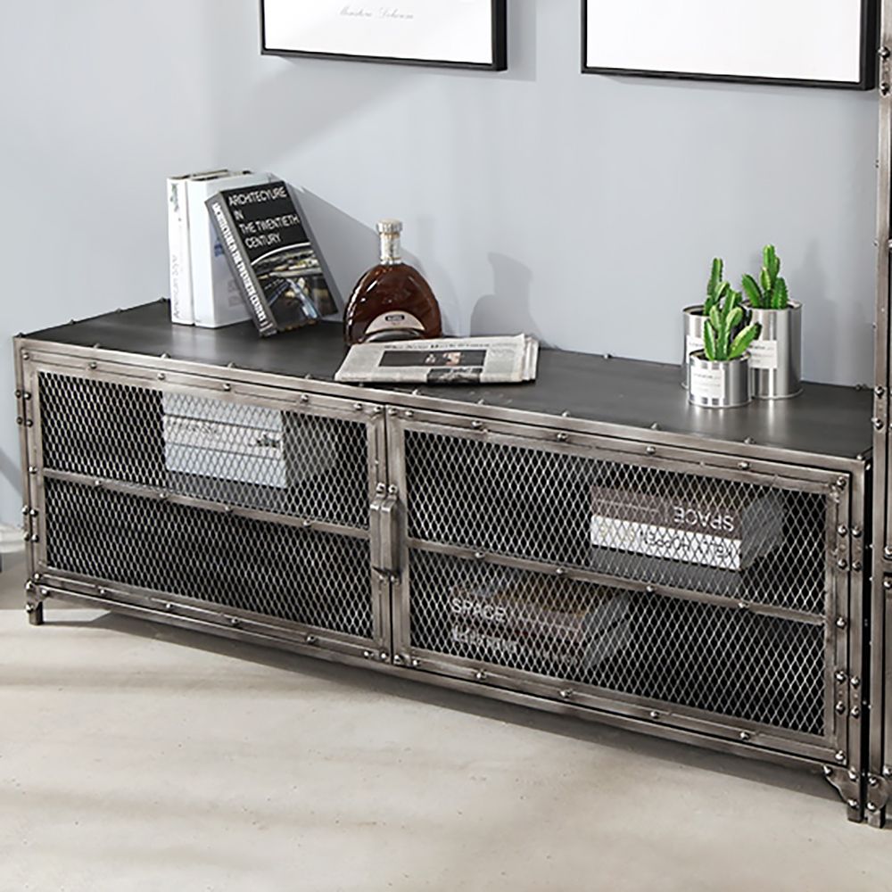 Wire Mesh TV Stand Industrial TV Console with Doors & Shelves Cable