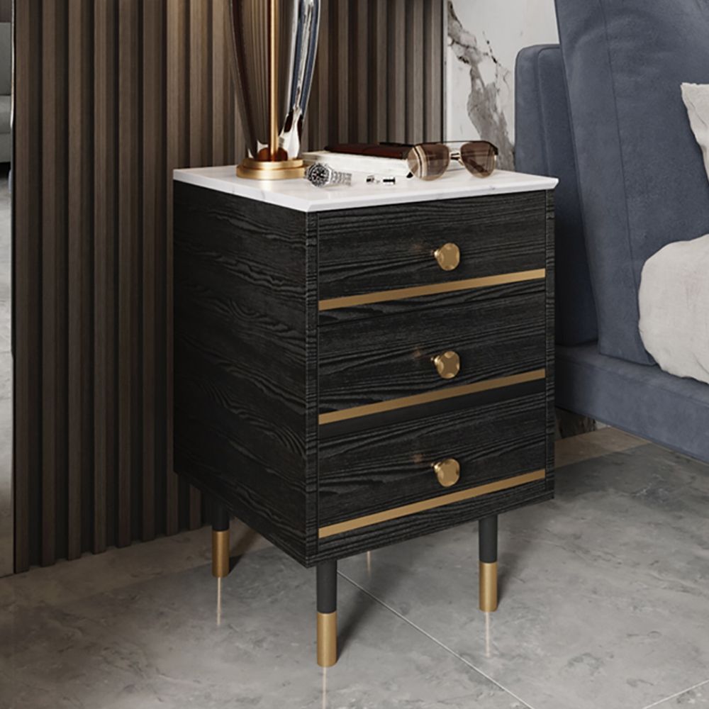 Modern Black Nightstand White Faux Marble Top Bedside with 3