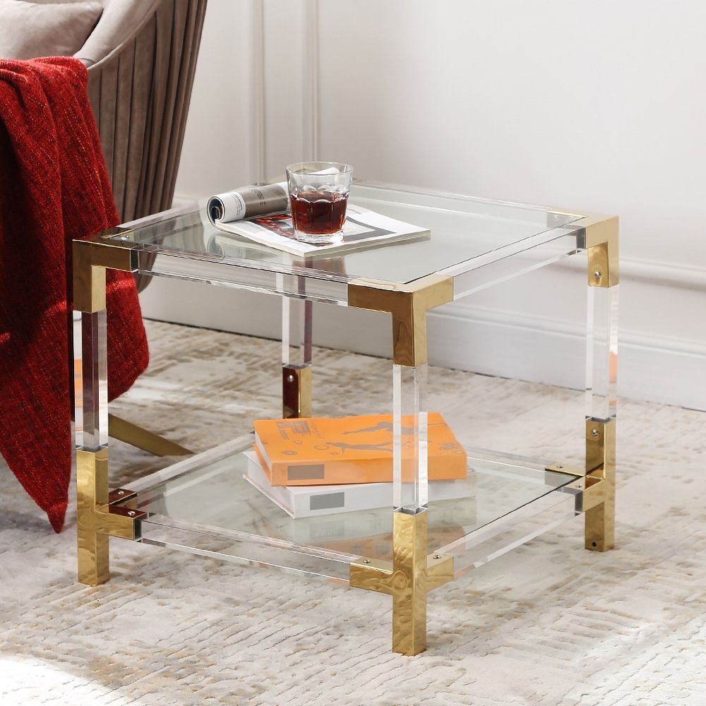 Gold and Clear Acrylic Storage End Table Square with Shelf