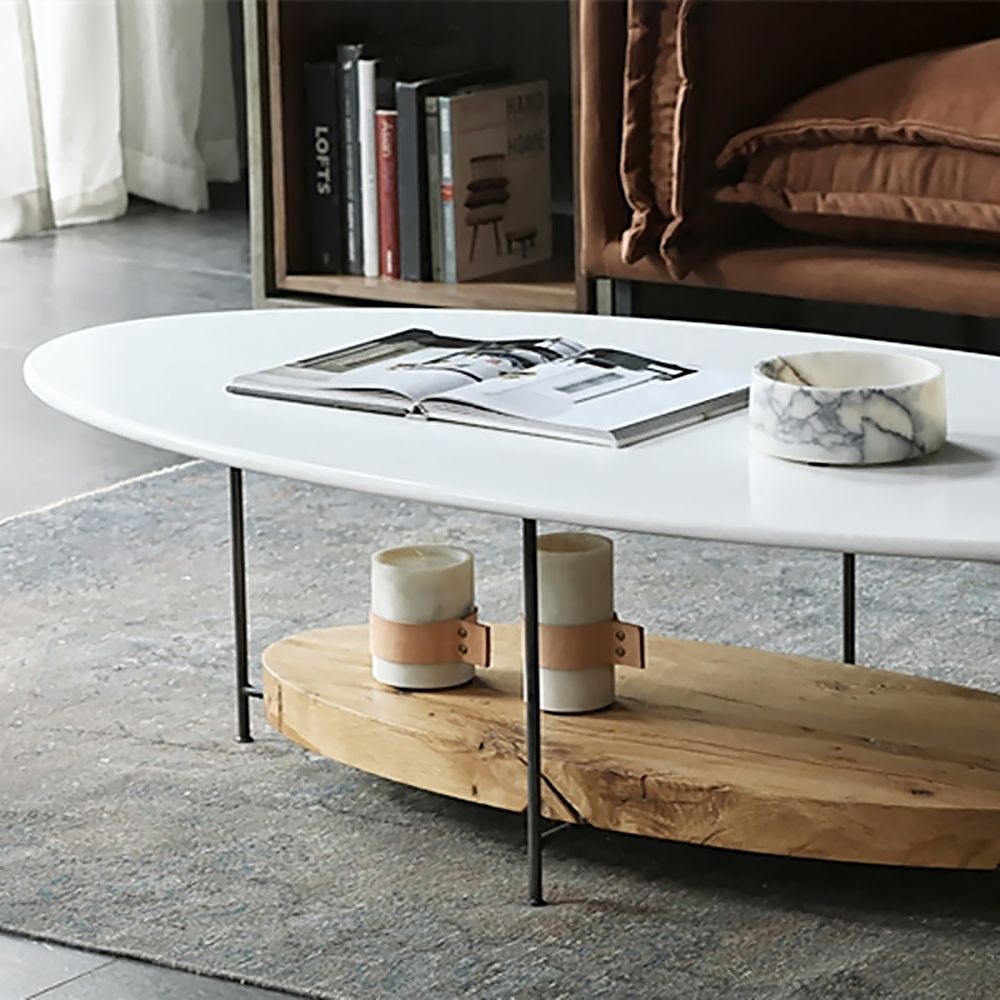 39" White & Natural Oval Coffee Table with Storage Shelf