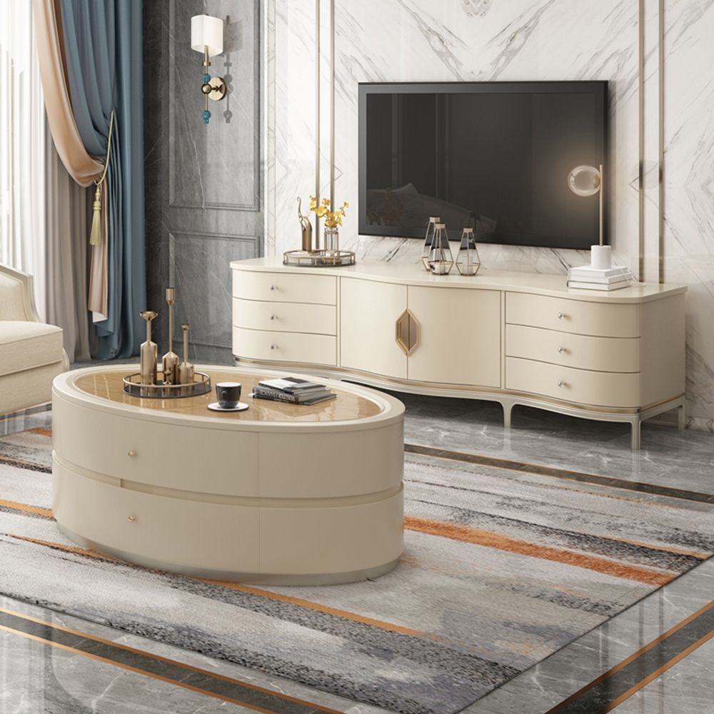 Modern Beige TV Stand with 2 Doors & 6 Drawers for TVs up to 85"