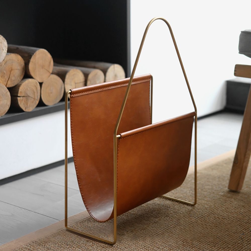 Brown Leather Magazine Rack in Stainless Steel