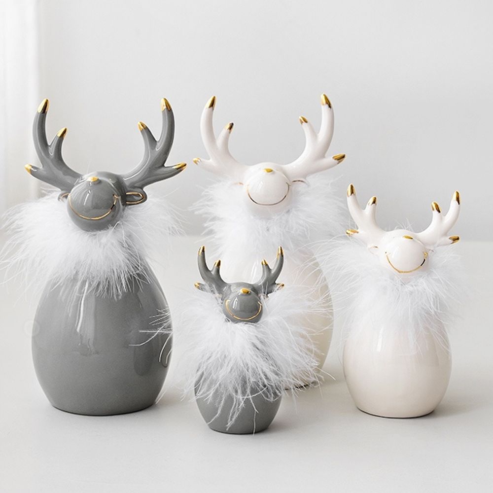 Cute White Christmas Deer Doll Ceramic Ornament Set of 2 Tabletop