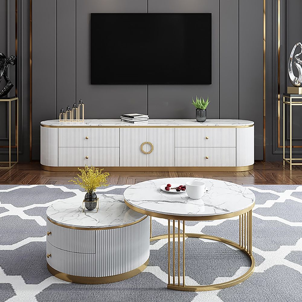 White Round Coffee Table with Storage Faux Marble Top Nesting Coffee ...