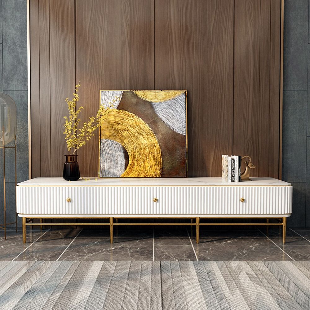 White and Gold TV Stand For TVs Up To 75" 3 Drawers Faux Marble Top MidCentury