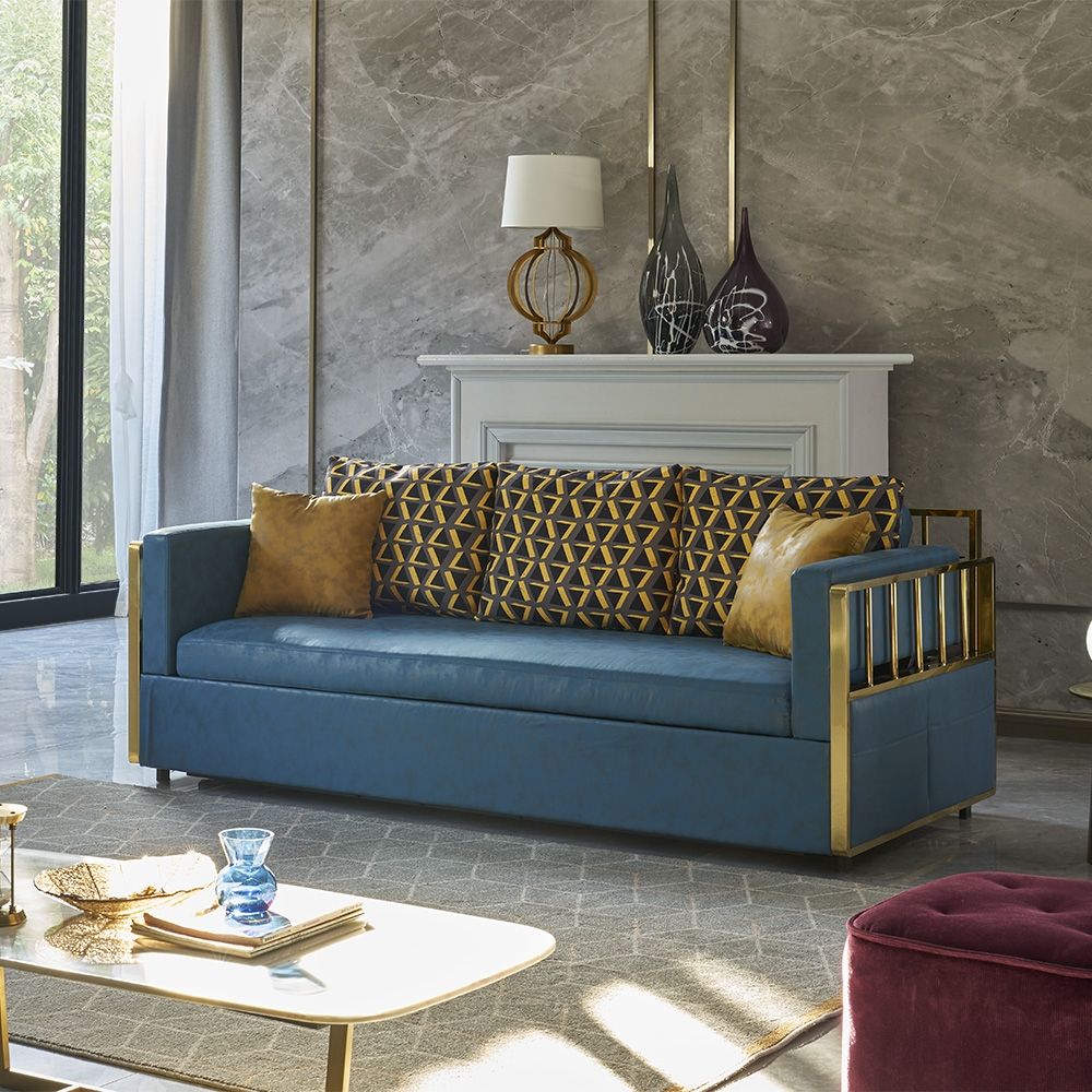 Sofá Cama Litera De Madera Moderna Tapizado Convertible Azul Almohadas