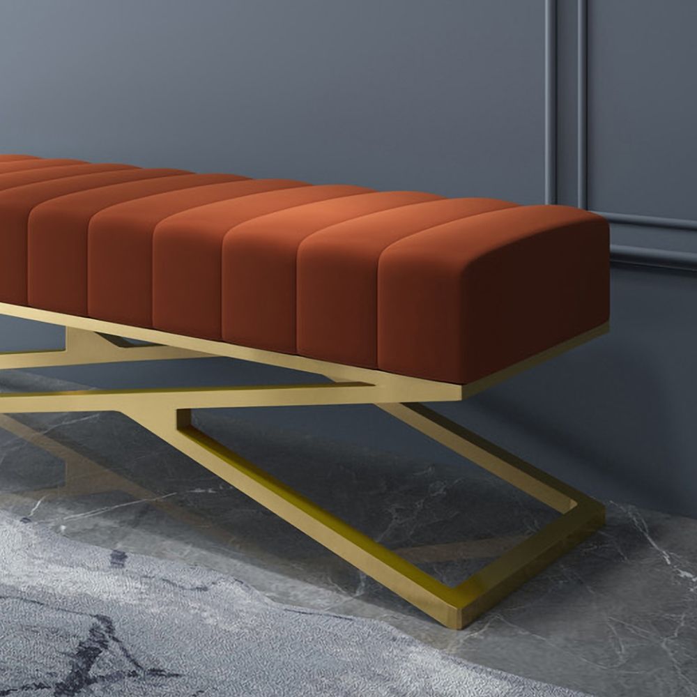 Modern Entryway Bench Orange Velvet Upholstered Ottoman Bench in Gold