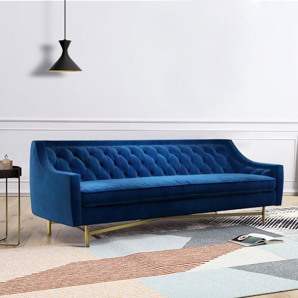 78.7" Modern Blue Velvet Upholstered Sofa 3Seater Sofa Stainless Steel