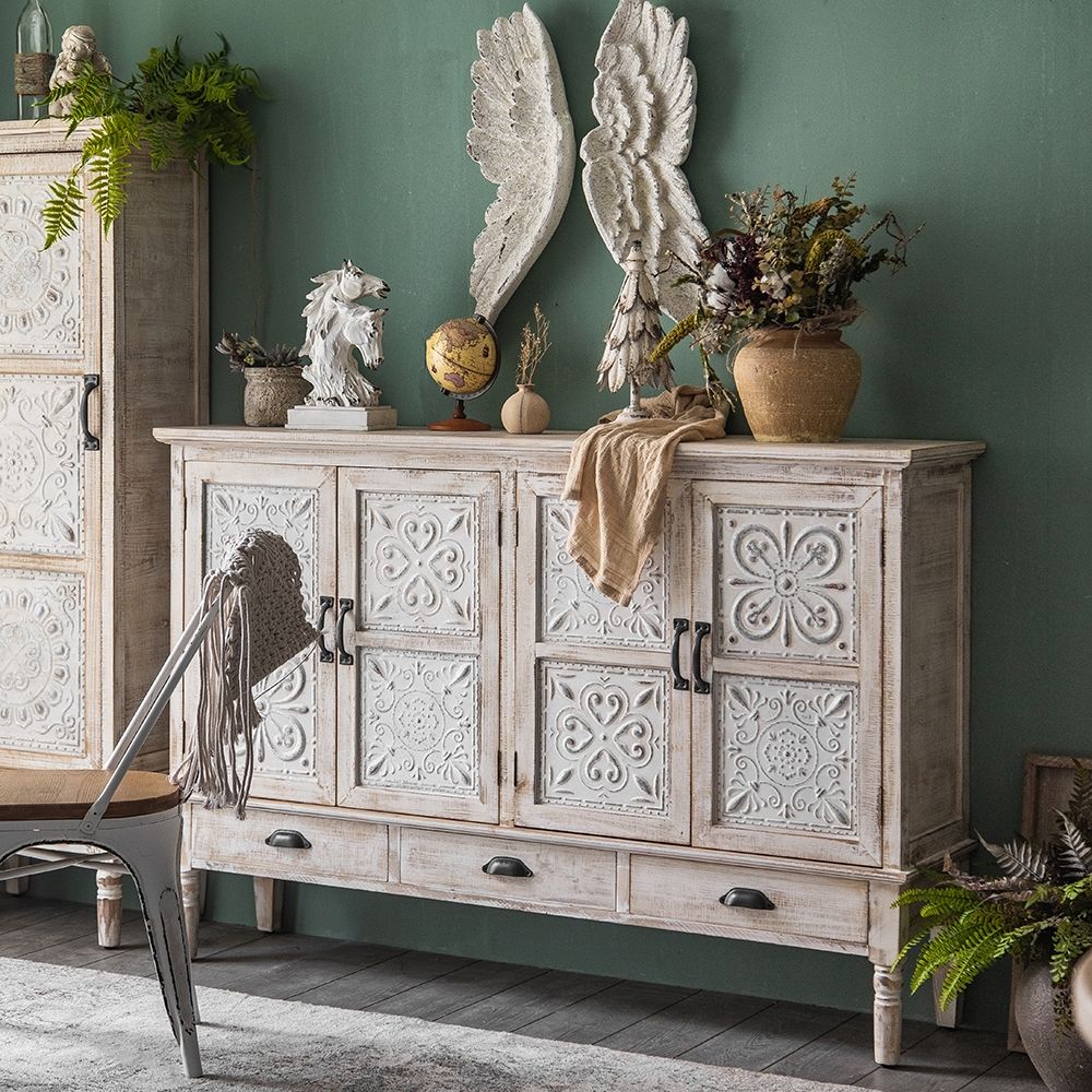 59" Farmhouse Distressed White Sideboard Buffet Artistic Surface with 4