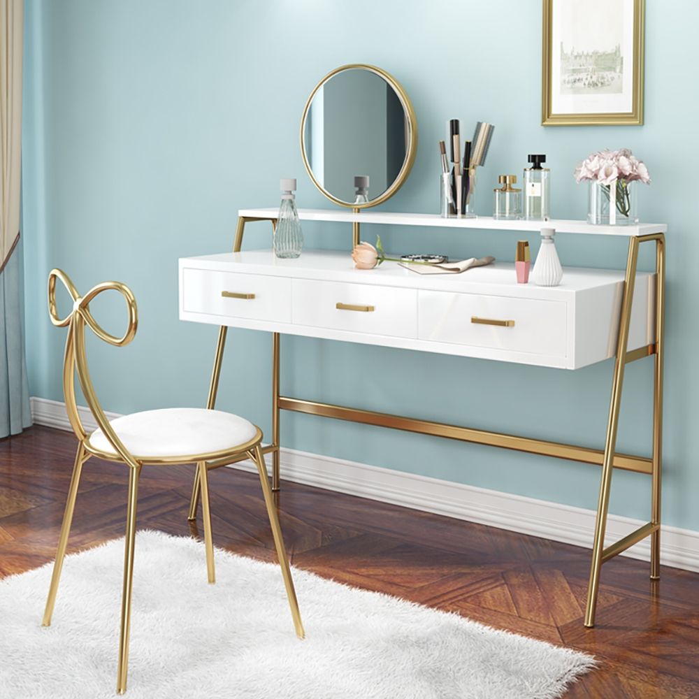 White&Gold Makeup Vanity with Mirror & Top Shelf Dressing Table with 3 