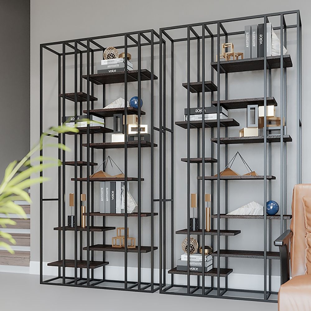 Black Modern Metal Etagere Bookshelf Freestanding with Wood Shelf 11
