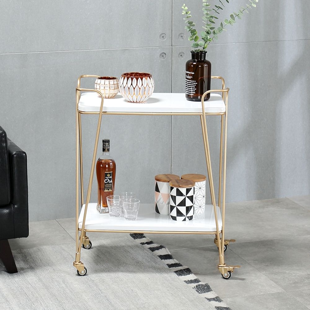 Modern Gold 2Tier Rolling Serving Bar Cart on Wheels Marble Top with