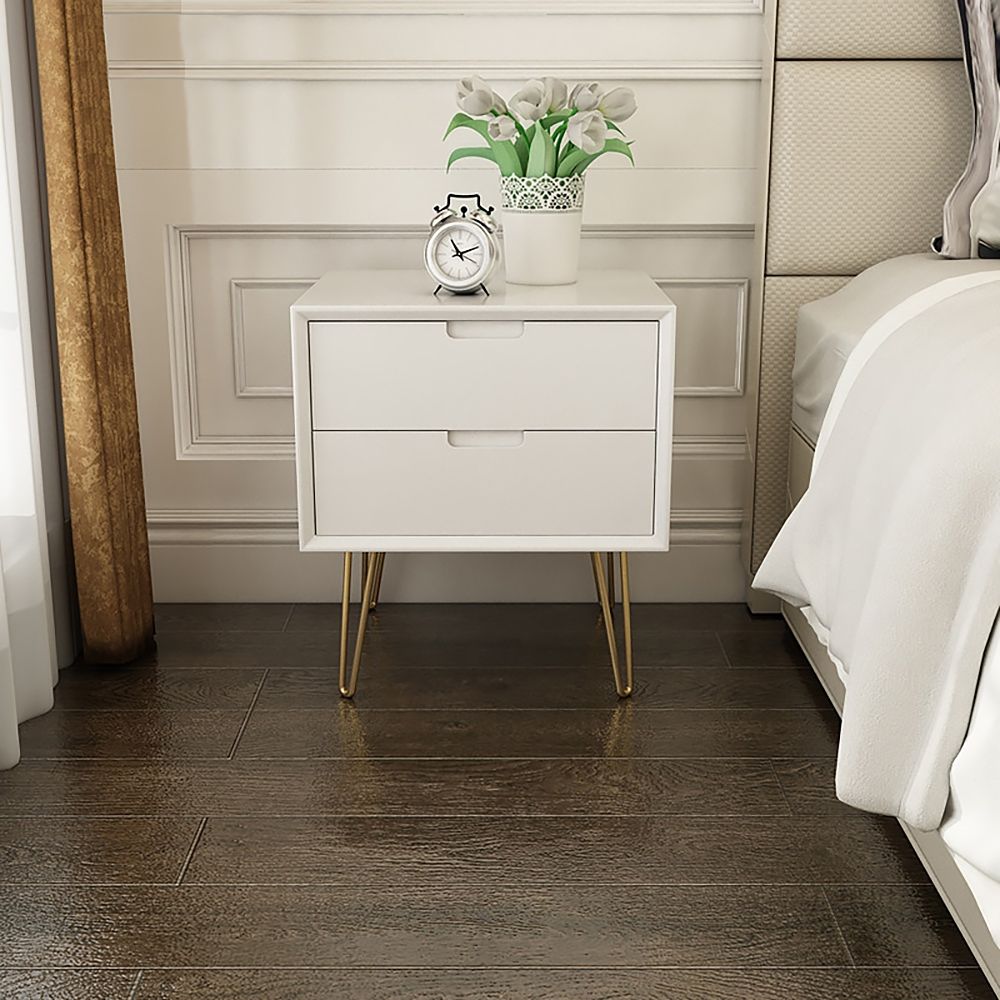 White Modern Bedroom Nightstand 2Drawer Bedside Table in Gold