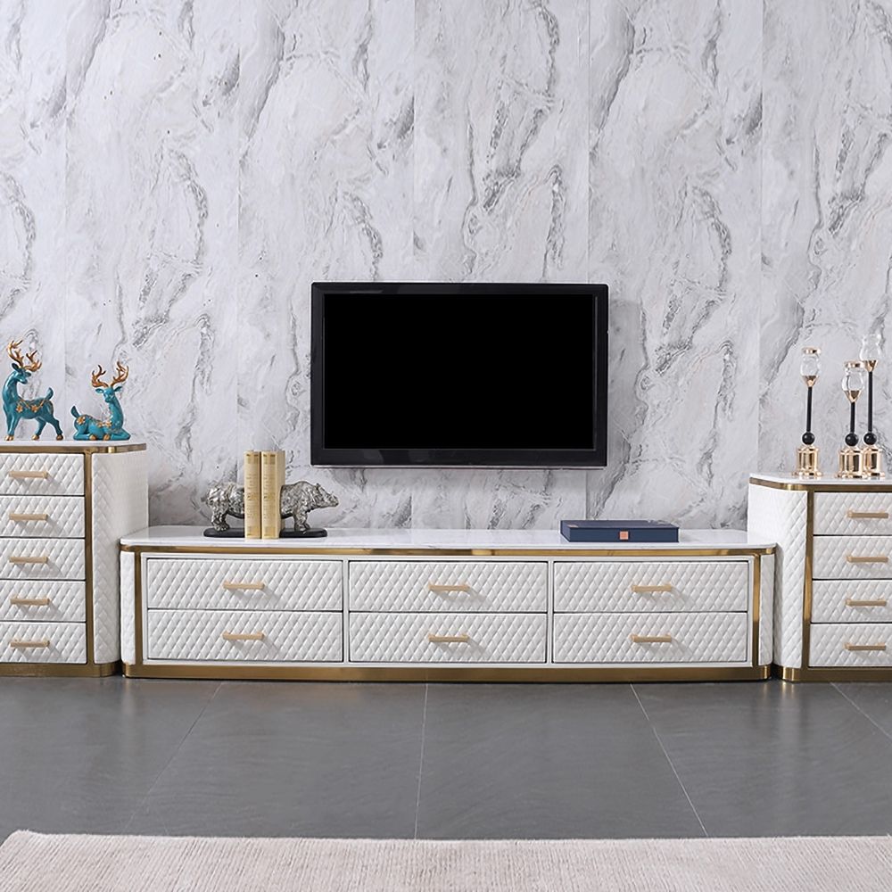 Contemporary Rectangle White TV Stand Faux Marble Top PU Leather
