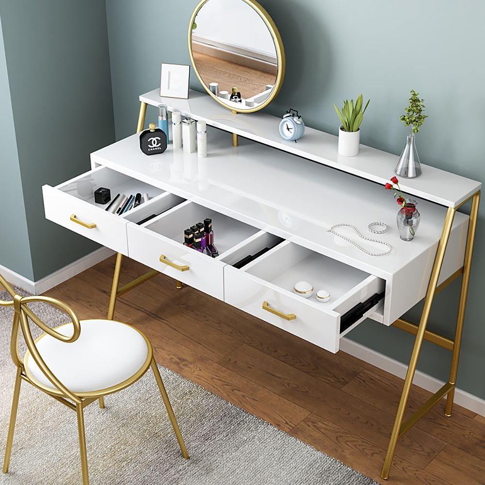 White&Gold Makeup Vanity with Mirror & Top Shelf Dressing Table with 3