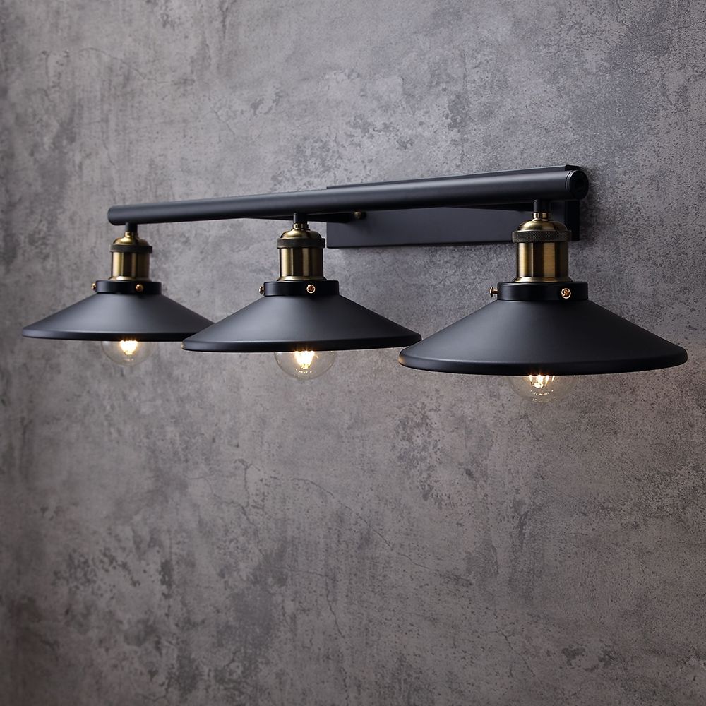 Tray Black Metal SaucerShaped Shade 3Light Linear Industrial Bath