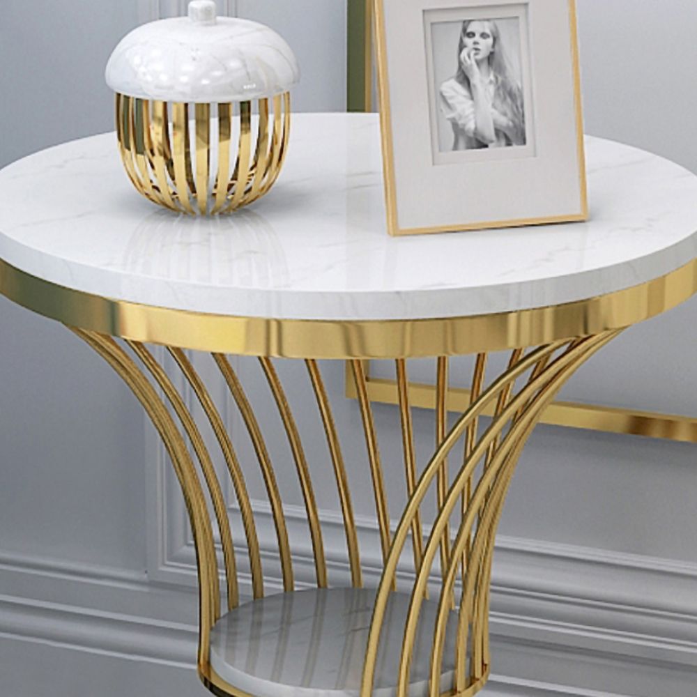 White Round Faux Marble Side Table SpiralShaped End Table in Gold