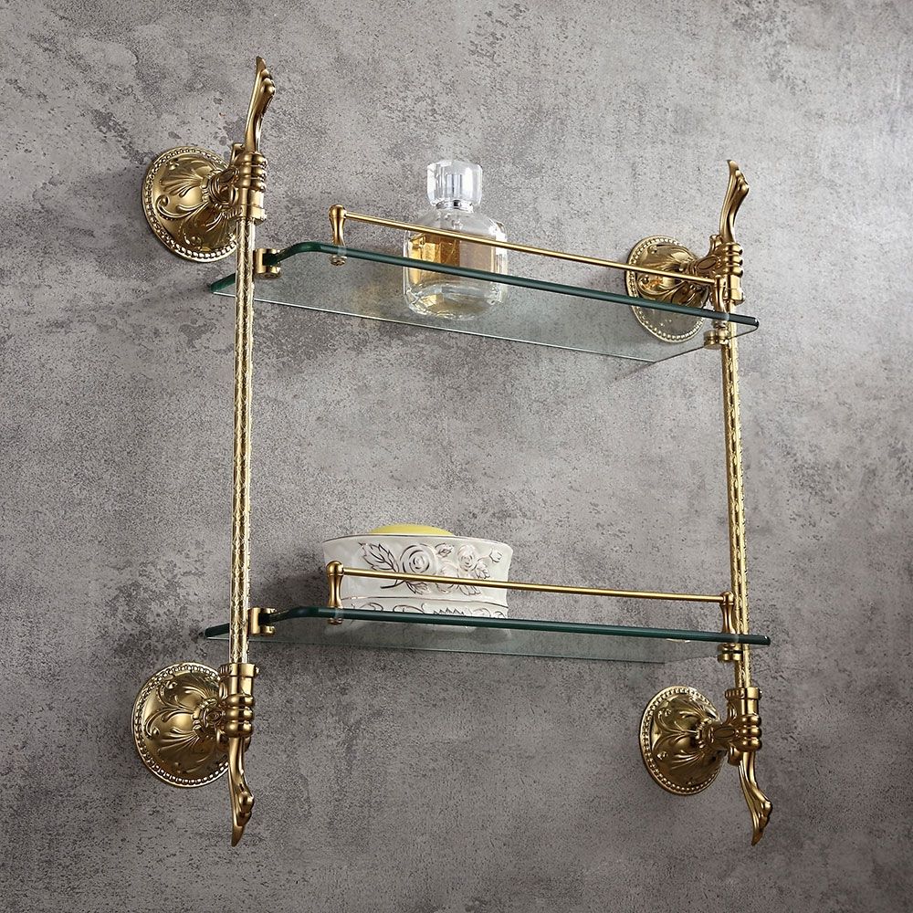Atre Gold Finish Dual Tier Bathroom Shelf Wall Mounted Glass Shelf with ...