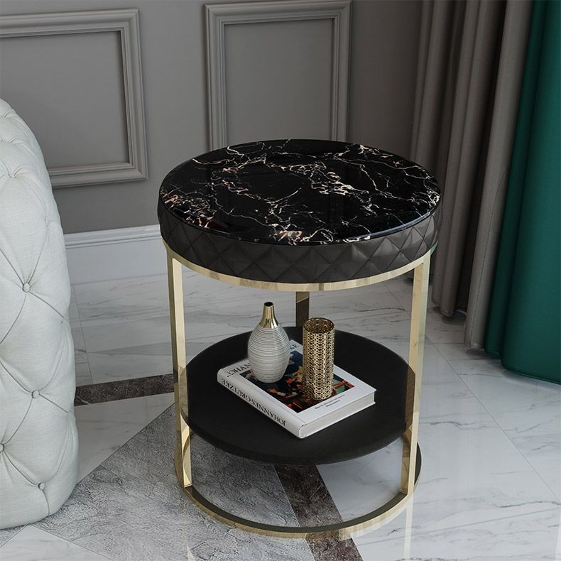 Black Round Faux Marble Side Table with Storage PU Leather Gold Finish