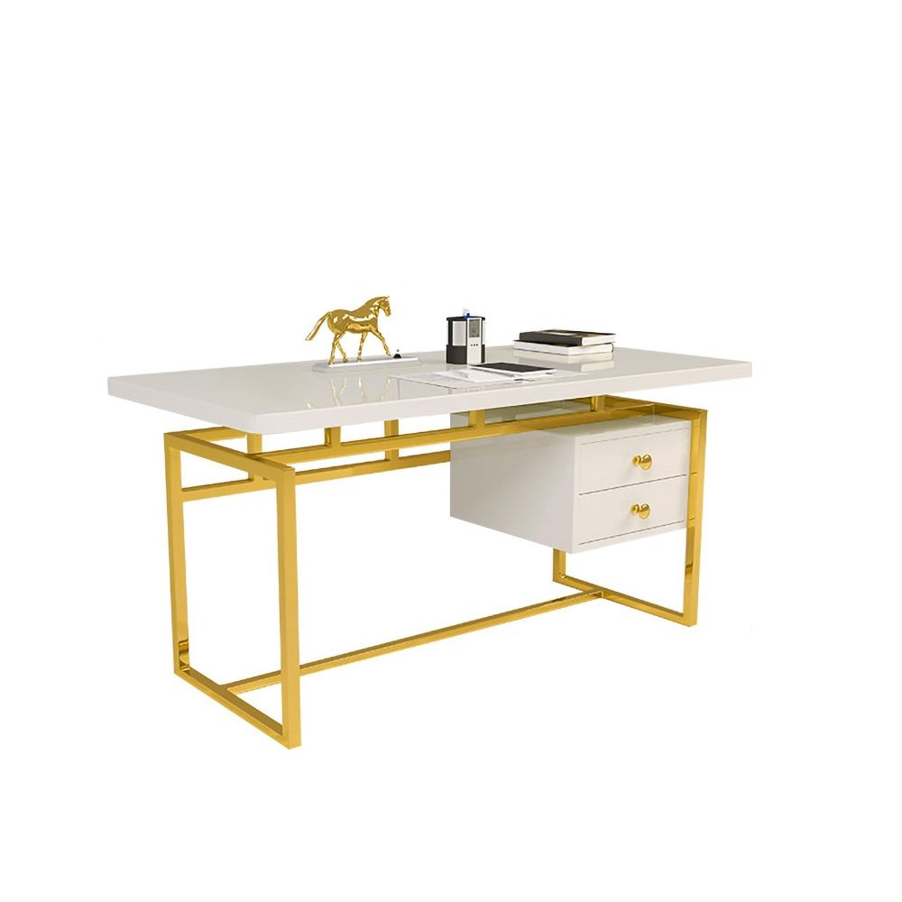 1200mm White Writing Desk Modern Computer Desk with 2Drawer in Gold