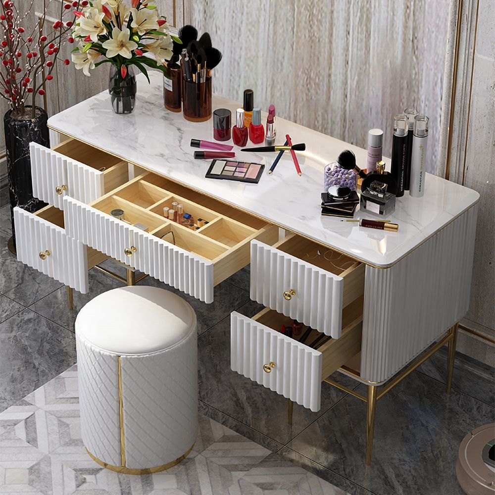 White Makeup Vanity Table Faux Marble Dressing Table with Drawers Gold 