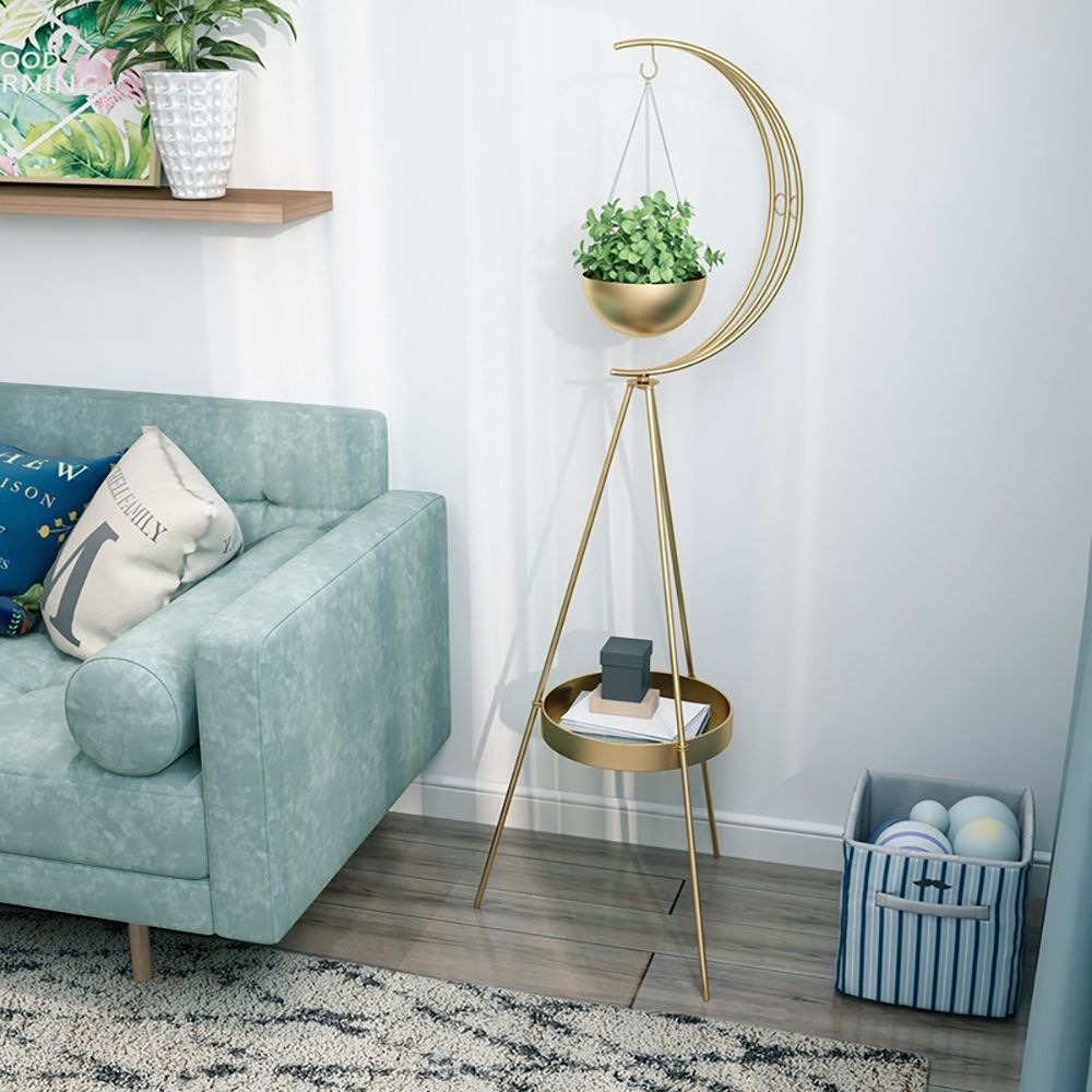HalfMoon Plant Stand with Shelf in Gold Modern End Table