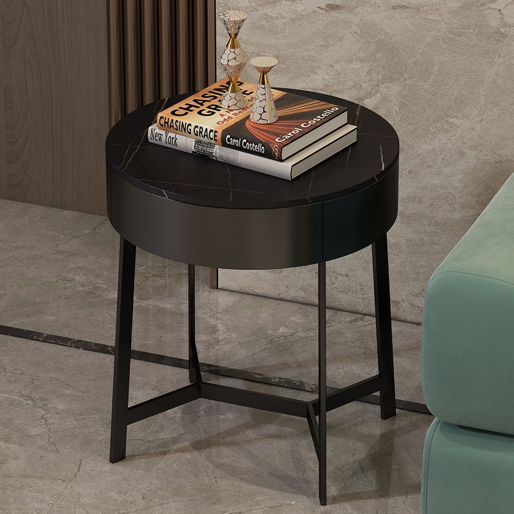 Black Round Side Table with Drawer Stone Top Accent Table