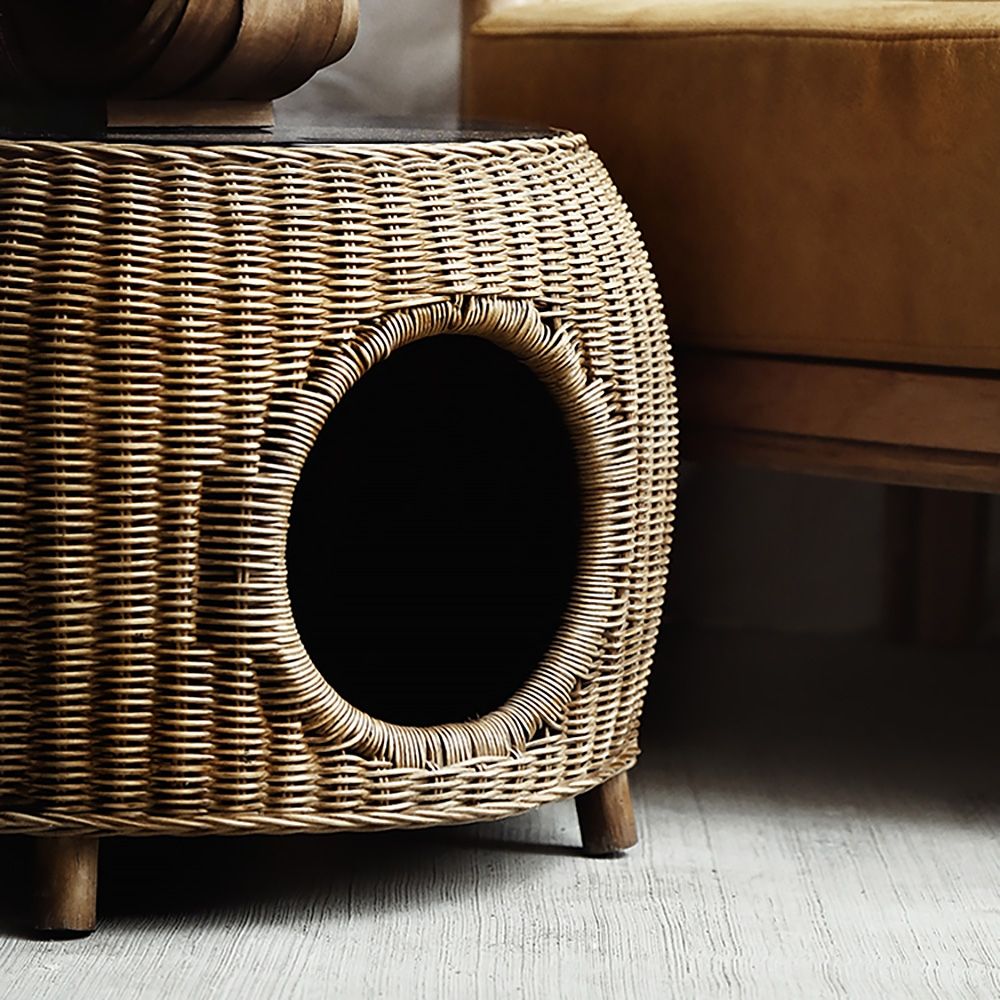 21.7" Brown Rattan End Table Cat Bed Round Black Tempered Glass Table Top