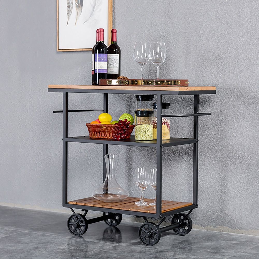 Black Bar Cart with 2 Shelves 4 Metal Wheels Industrial Style 27.6''