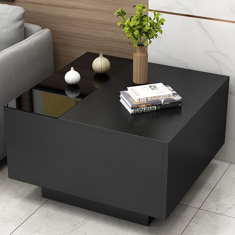 Modern Black End Table with Storage Tempered Glass Top Side Table