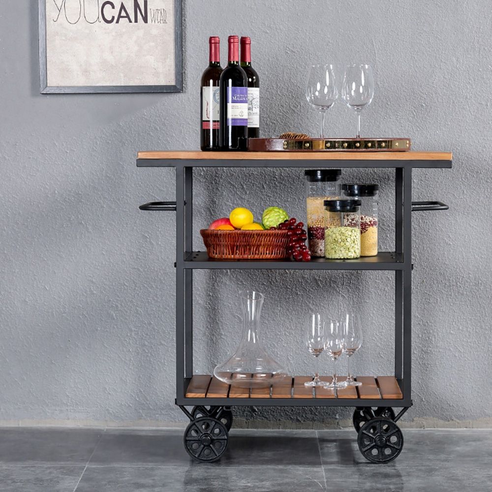 27.6'' Black Bar Cart with 2 Shelves 4 Metal Wheels Industrial Style