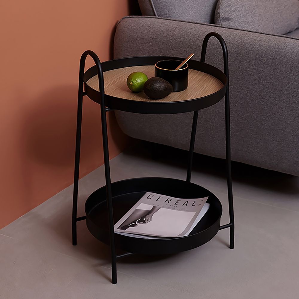 Modern Round End Table for Living Room with Storage MDF&Metal Black